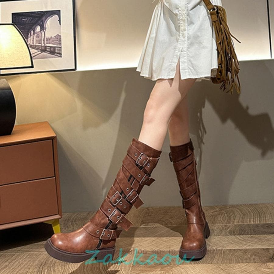 【人気N0.1 急速出荷】 レディース ローヒール エンジニアブーツ 滑り止め サイドジッパー 履きやすい 歩きやすい ジョッキーブーツ ロングブーツ 秋冬 黒 4.5cm太ヒール ベルト 厚底