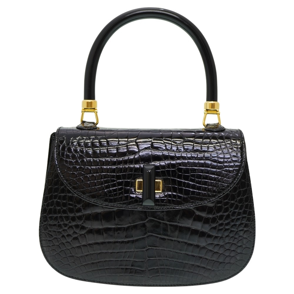 美品 クロコ ヴィンテージ ハンドバッグ クロコダイル ブラック 0015【中古】 レディース