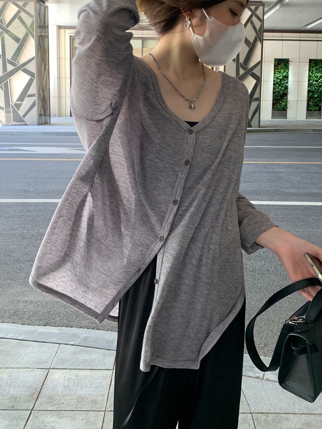 カーディガン女性長袖アウター通気性トップス透けシャツ