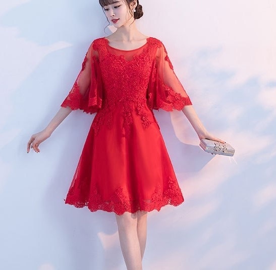 1919.レースフレアスリーブドレス（レッド）2019 春夏 sale ワンピース ショート シースルー 花柄 Uネック 七分丈 エレガント お呼ばれ パーティー 結婚式 披露宴 女子会 レストラン
