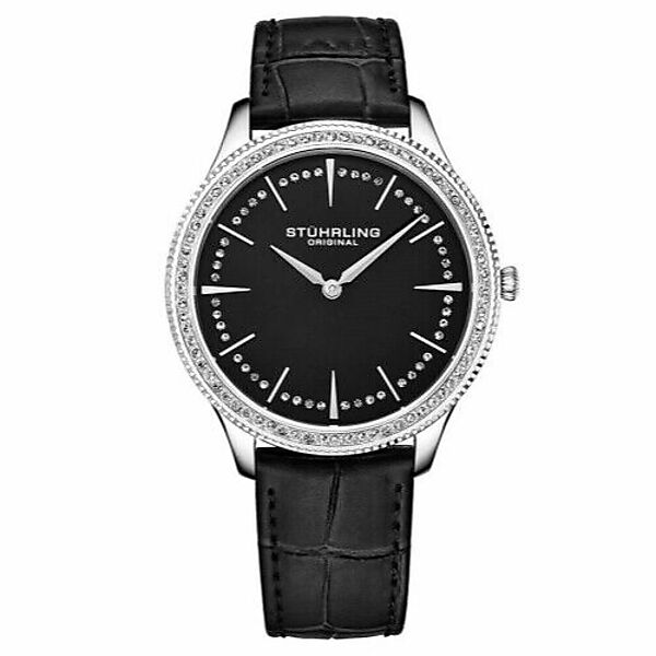 カジュアル腕時計 Stuhrling 3985 3 Symphony Crystal Accented Black Genuine Leather Womens Watch