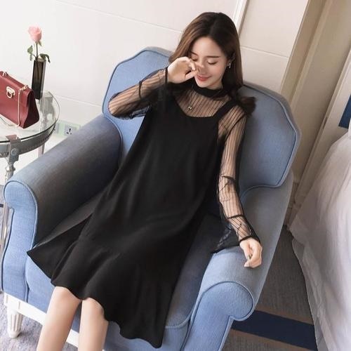 1353.ストライプメッシュ袖ワンピース（ブラック） 2019 春夏 sale お呼ばれ 女子会 記念日 フォーマル レストラン