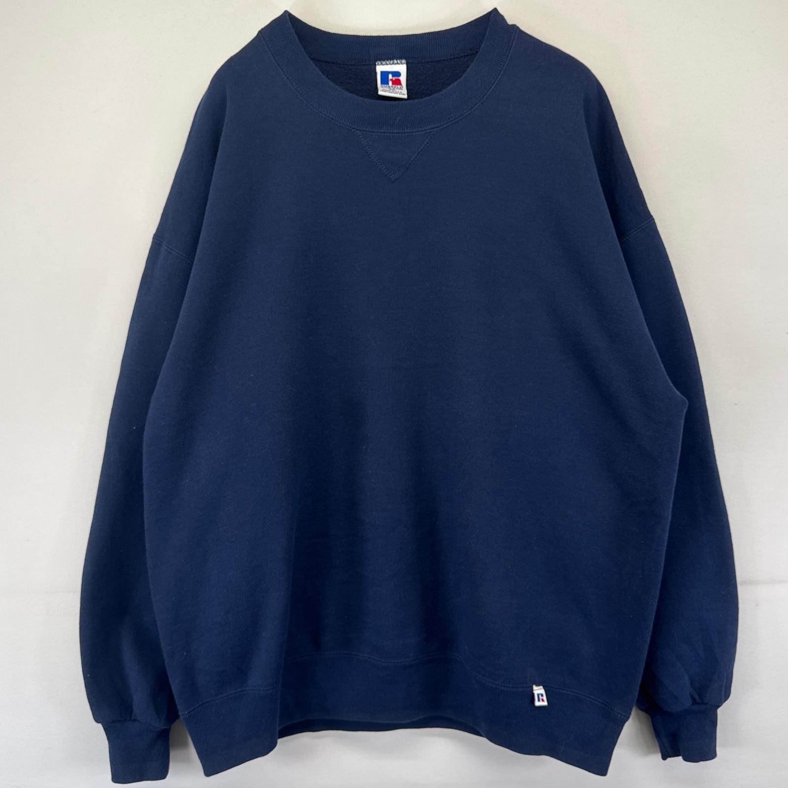古着 90s/90年代 ラッセル USA製 スウェット トレーナー Vガゼット クルーネック 大きいサイズ 2XL ネイビー系 無地 メンズ