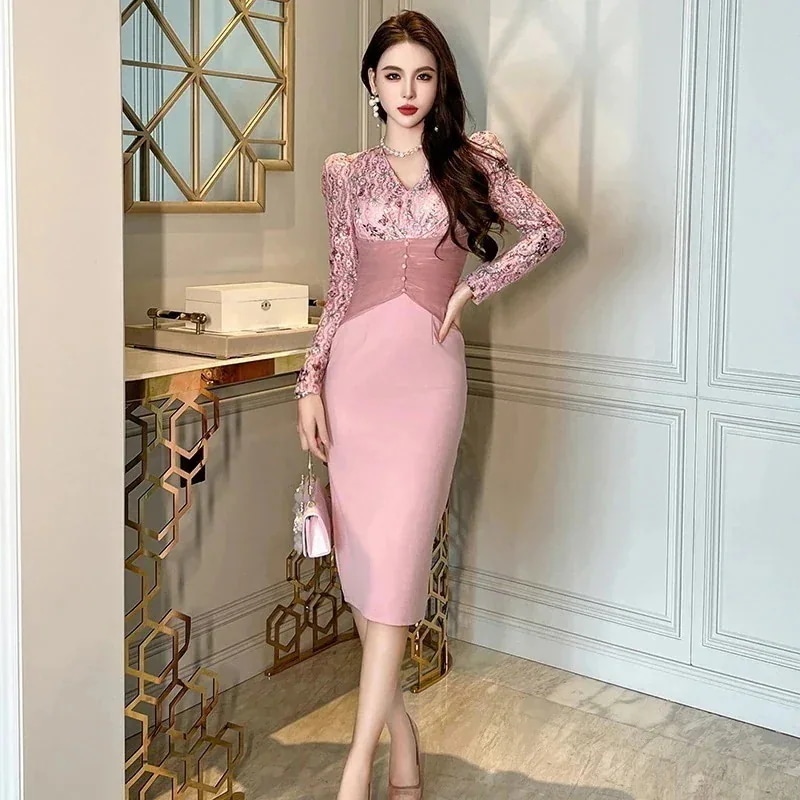 【JY.上品】 秋冬 レース ワンピース ドッキング タイト 着痩せ パーティードレス キャバ 着痩せ 大人 同窓会 披露宴 卒業式 結婚式 演奏会 ウェディング 二次会30%までに制限