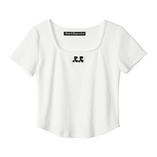 SQUARE NECK TOP ロゴ 半袖 プリント ストレッチ Tシャツカットソー [5カラー]