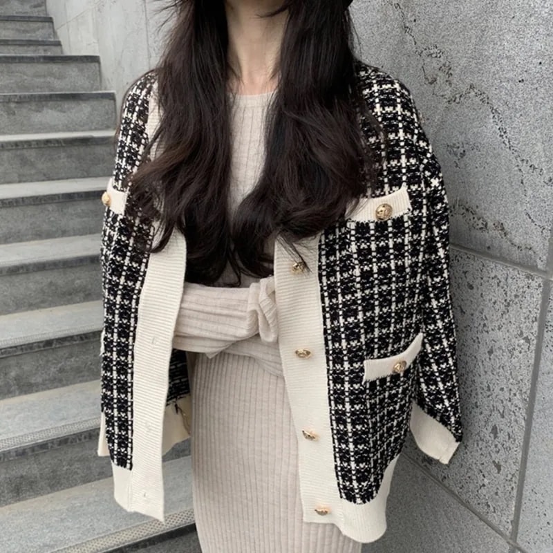 カーディガン ニットカーディガン チェック柄 前開き ロング丈 羽織り Vネック 長袖 ゆったり