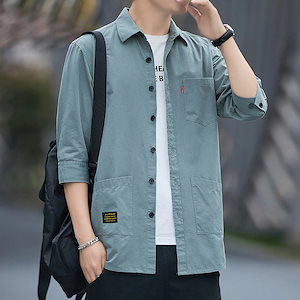 メンズカジュアル半袖シャツ韓国トレンド七分シャツ夏ハンサムワークウェアトップス製ジャケット