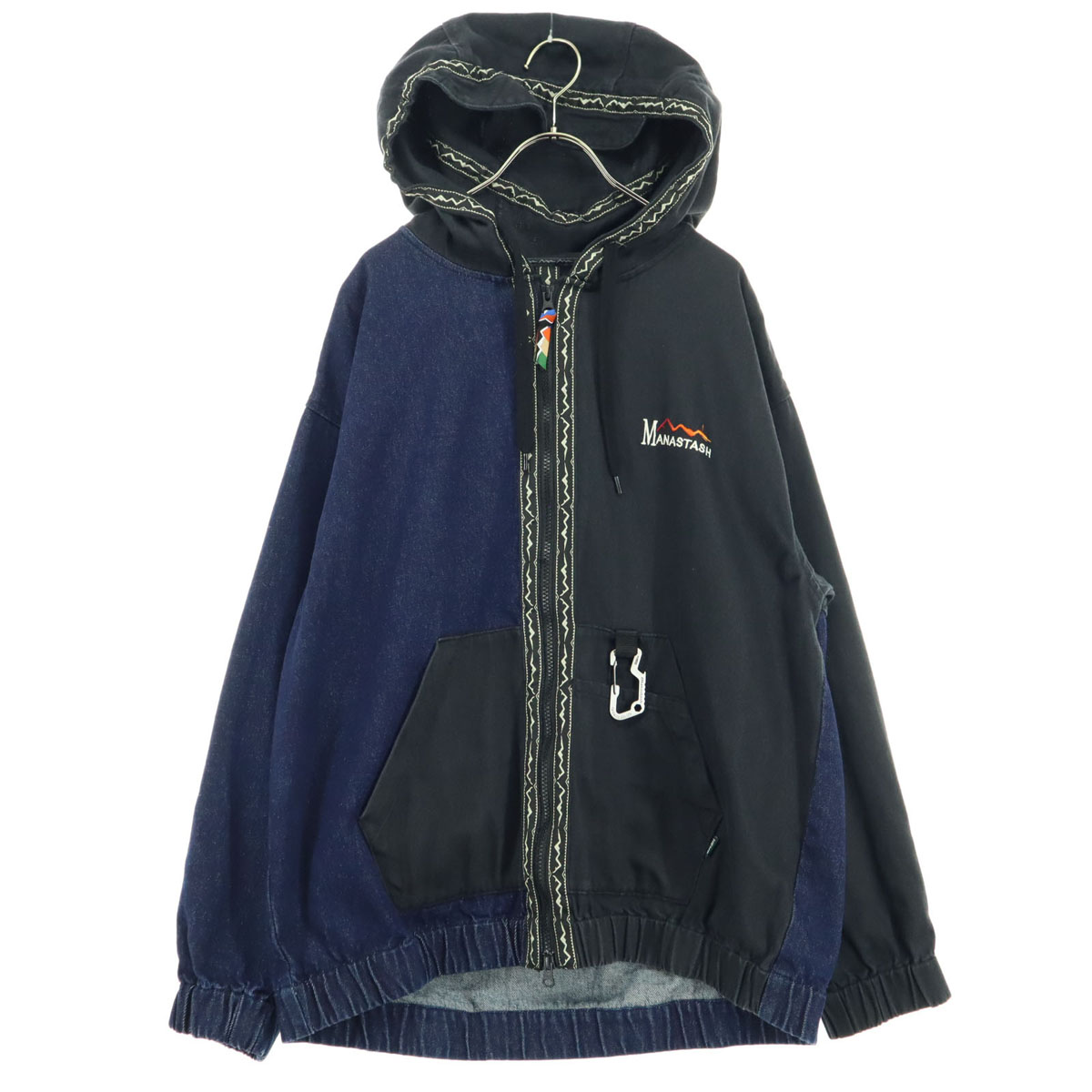 美品 ロゴ刺繍 長袖 バイカラー ジャケット M ブラック フーディー メンズ 古着