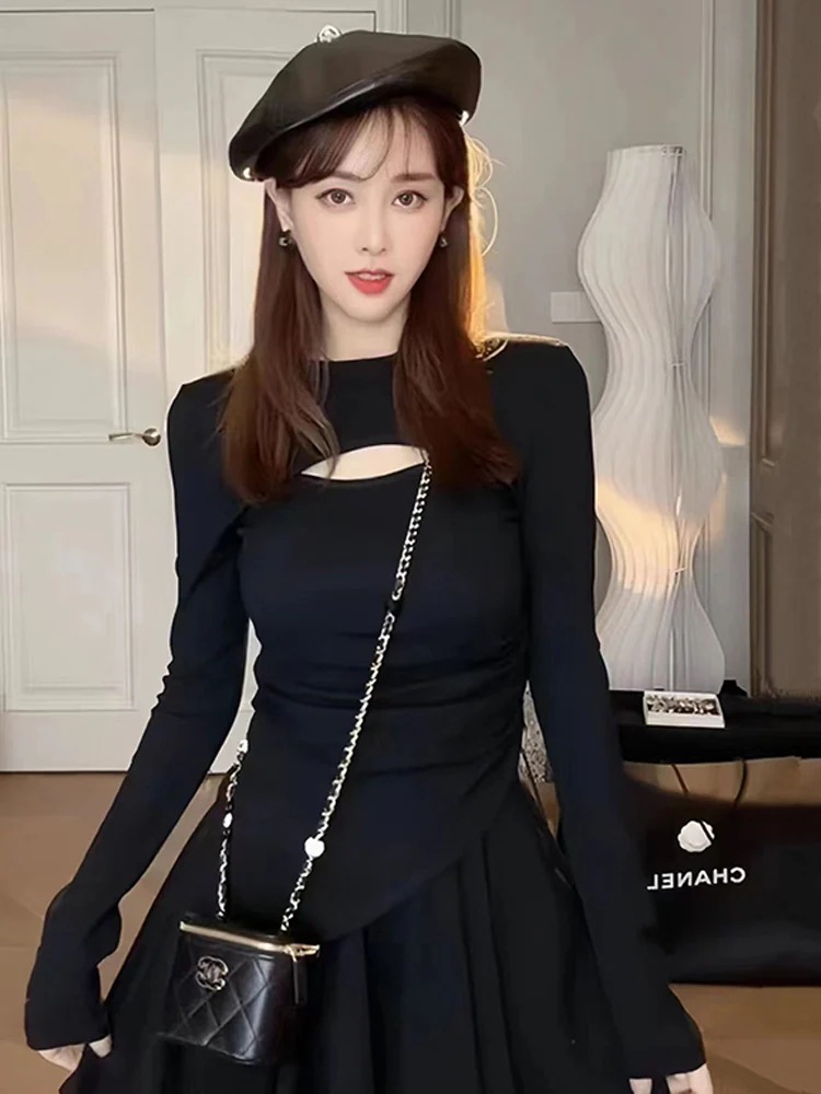 しい小さなヘップバーンスタイルフレンチ長袖ワンピース子初秋スパイシーガールウエストセット