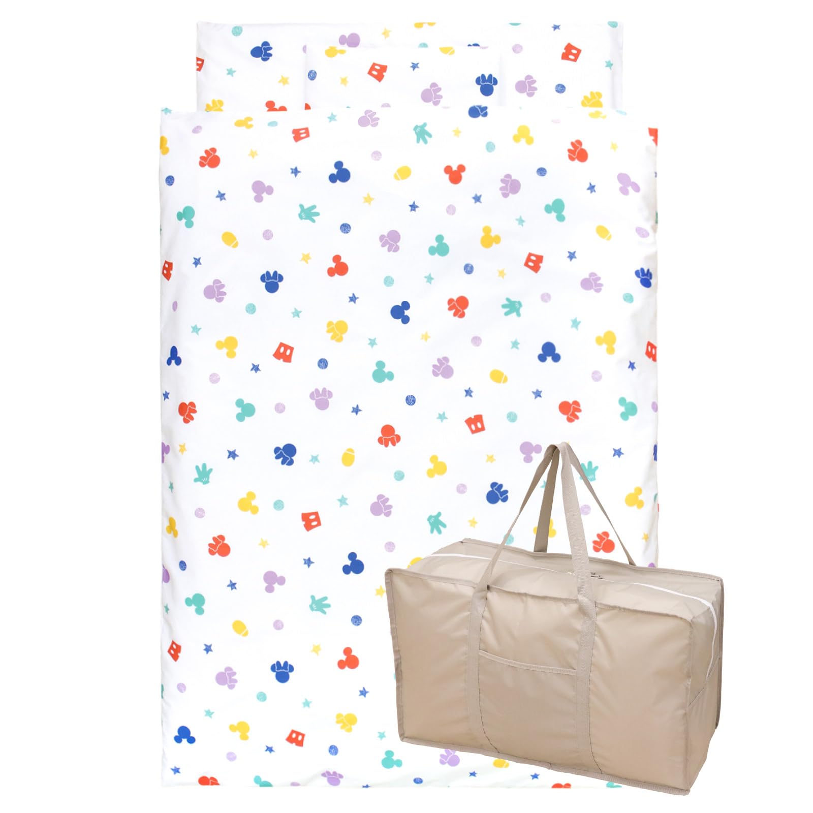 お昼寝布団セット 8点 洗える 綿100％ 撥水バッグ ミッキーアイコンカラフルドット お名前ワッペン ネームタグ 保育園 幼稚園