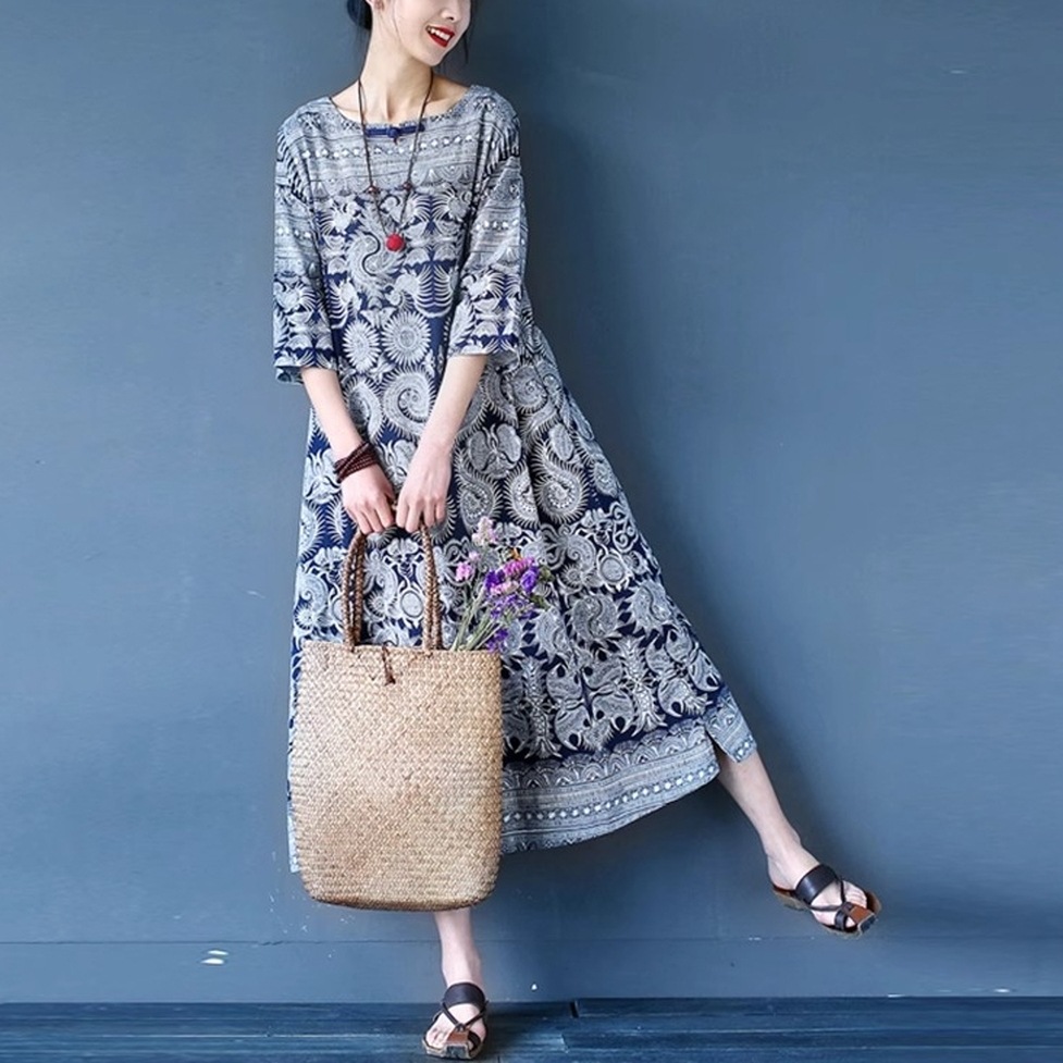 ワンピース ロングワンピース 総柄ワンピース フレアワンピース ロングフレアワンピース ボヘミアンワンピース プリントワンピース ラウンドネック 半袖 ロング丈 フレア エスニック ボヘミアン 総柄