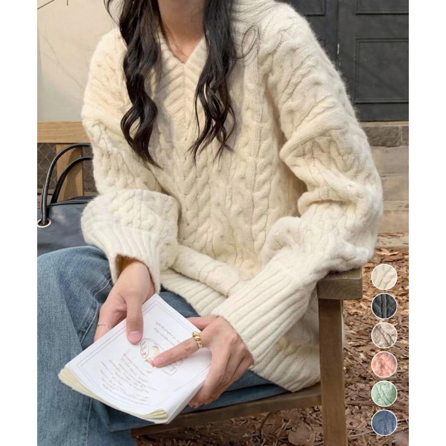 ケーブル編み ニットトップス レディース