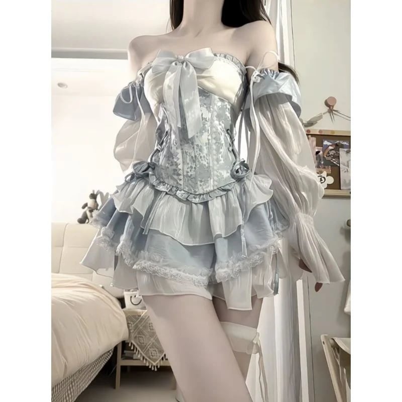 パーティードレス 秋 新作感ブルーリボンウエストバンド＋ドレープ感ワンピース2点セットins風