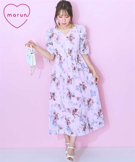 ロングマキシ丈/半袖 大きいサイズ 袖ドロストフラワープリントワンピース marun