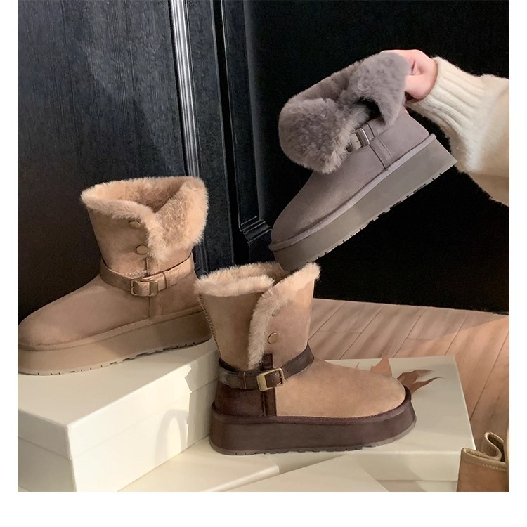 2025 冬用スノーブーツカラーブロック折り返し縁厚底ウールフリース裏地レディース冬用ロングブーツコットンシューズ