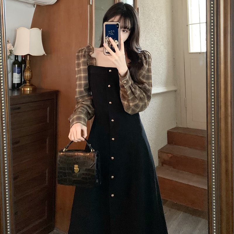 ワンピース フレアワンピース ミモレ丈 ロング丈 長袖 ボリューム袖 スクエアネック フレア セミフレア フリル ウエストマーク 切り替えデザイン ドッキング ハイウエスト 前開き かわいい