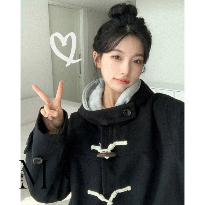 [超可愛い...] ブラック フード パーカーポッキ ロングコート