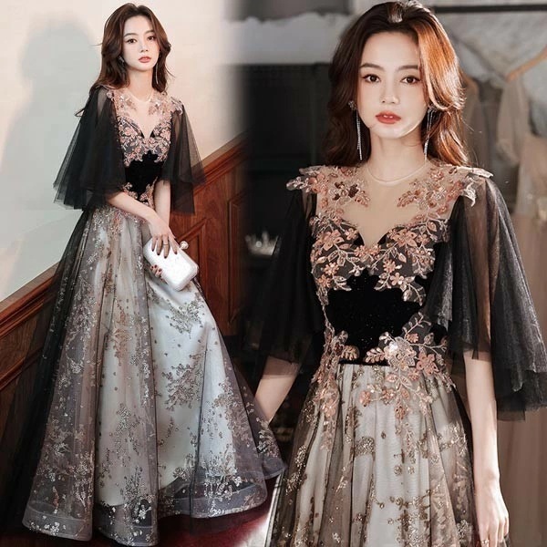 ドレス 大人 ピアノ 発表会 ロングドレス 刺繍ドレス 5分袖 イブニングドレス 演奏会 ピアノ発表会 ワンピース 二次会 女子会 パーティードレス 大人 S M L XL 2XL 3XL 4XL 黒