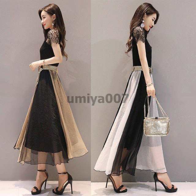 ワンピース レディース 夏 きれいめ ロングワンピース レース 切り替え ベルト付き 韓国風 シフォン 半袖 ロング丈 オシャレ 結婚式ドレス 着痩せ 通勤