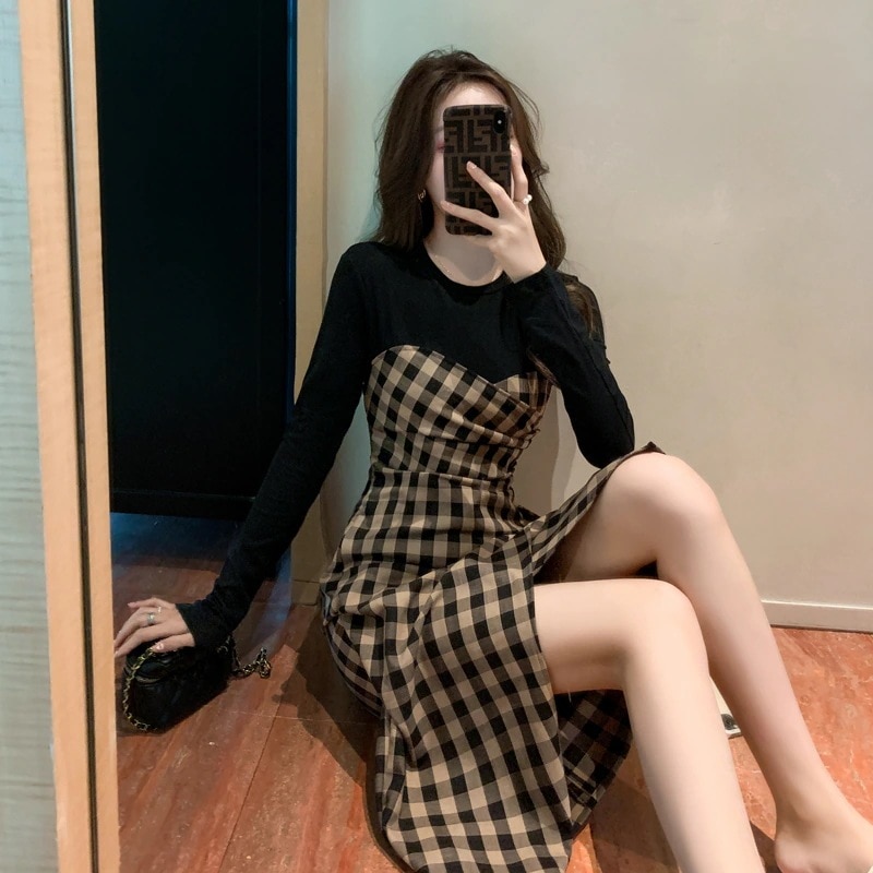 ワンピース ビスチェ タイト ミニ ミモレ クルーネック 長袖 細身 フロントスリット 大人可愛い きれいめ かわいい 学生 ギンガムチェック 秋 冬 デート お出かけ 重ね着 XL 2XL