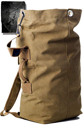 [KIRIRU] ドカッと入る メンズ リュック 帆布 バックパック キャンバス シンプル 大容量 ミリタリー アウトドア 20L 30L 防水 レインカバー 付 (ベージュ(雨カバー黒), M)