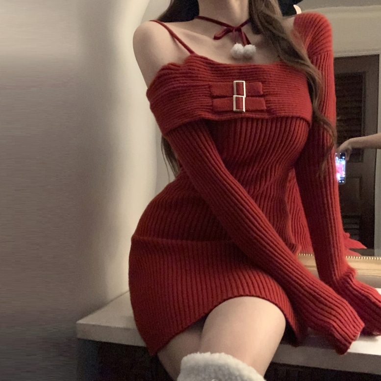 リブニットミニワンピース レディース ワンピース ニットワンピース ミニワンピース ワンショルダー 長袖 ミニ丈 ニットドレス リブニット フェミニン FREE 赤 灰色 黒 レッド グレー ピンク