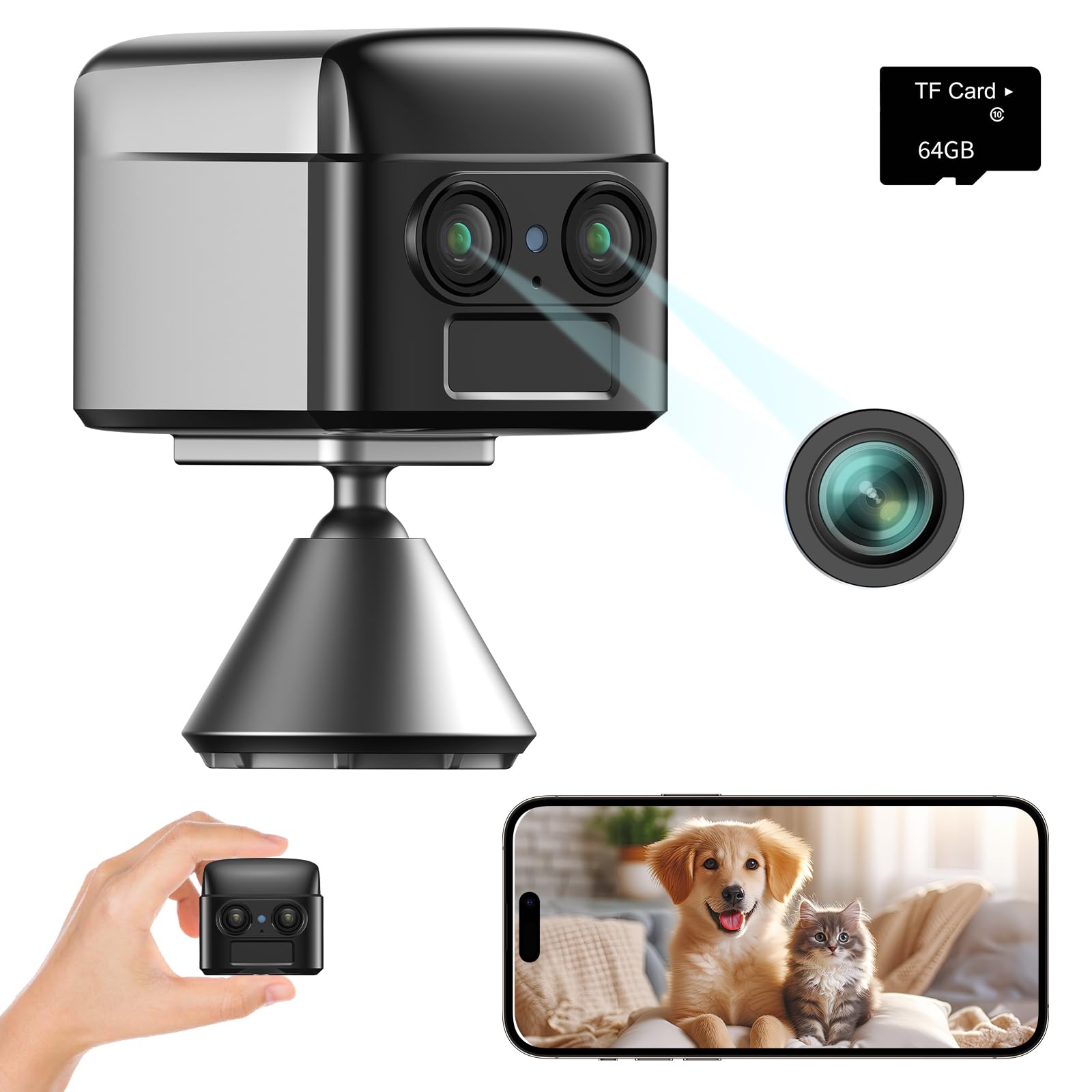 【64G micro SDカード付属・最新のデュアルカ メラ4K 小型カメラ】 防犯カメラ 監視カメラ 3500mAh大容量 最長12時間連続録画 双方向音声 PIR動体検知 1秒Bluetooth接