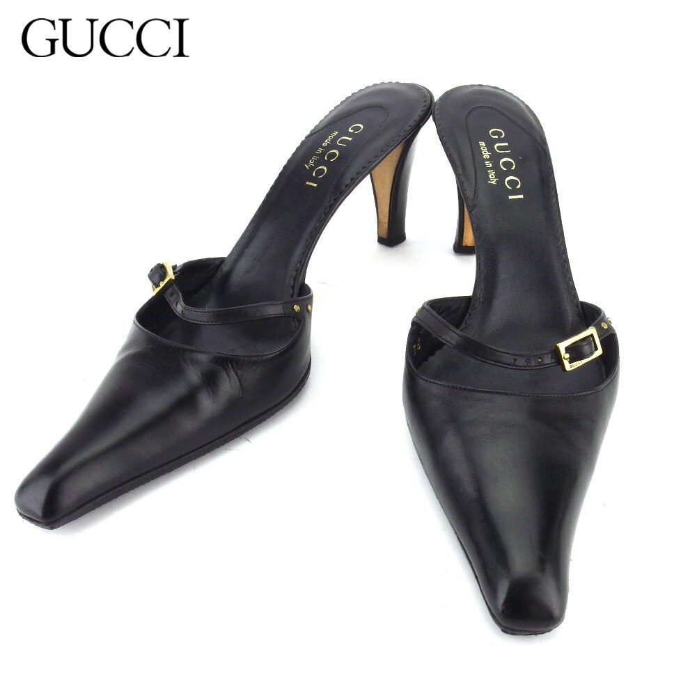 パンプス シューズ 靴 ベルトストラップ レディース 36C スクエアトゥ ブラック ゴールド 中古 13,844円