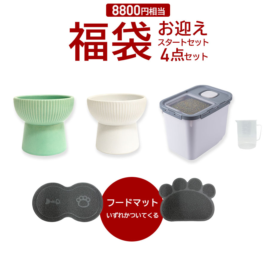 2024年 福袋 スターターセット 4点 犬 猫 フードボウル フードマット フードストッカー ペット ペット用品 お迎え お食事セット フードボール 餌皿 水飲み 陶器 高さがある 食べやすい パス