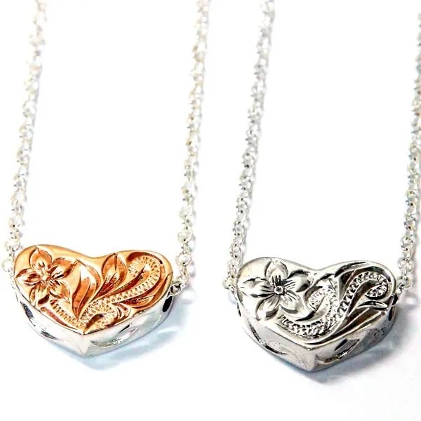 ハワイアンジュエリー ペンダント ネックレス ハート ボックス型 プルメリア 花 スクロール 波 レディース シルバー925 シルバー/ピンクゴールド