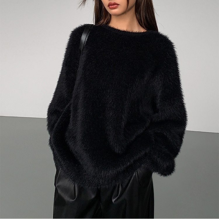 レディース ニット セーター プルオーバー 長袖 ラウンドネック フェミニン もこもこ ふわふわ かわいい 大人可愛い きれいめ シンプル 上品 おしゃれ かっこいい 無地 秋 冬 OL 通勤 デート