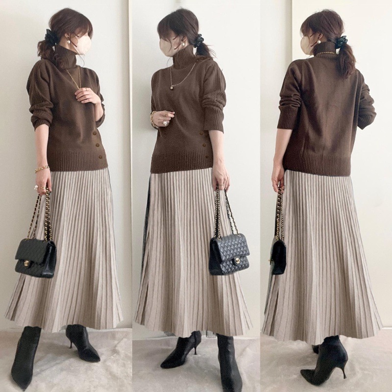 【SNS大人気】 アイテム登場ハイネック無地ボタンセーター＋プリンツスカートワンピースセット