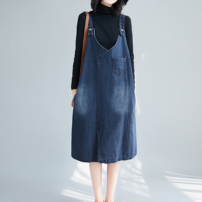 レディース スカート ワンピース サロペット オールインワン つなぎ デニム デニムスカート オーバーオール 膝丈 膝下 ミモレ ミディアム丈 袖なし ノースリーブ Vネック ワイド ストレート