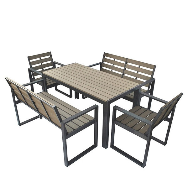 旭興進 aks-28501 人工木テーブル長方形 人工木チェア2脚 背付ベンチ2台セット メーカー直送