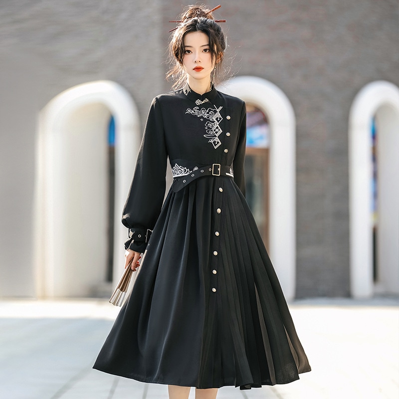 チャイナ風ワンピース 長袖 ベルト付き チャイナ服 高見え