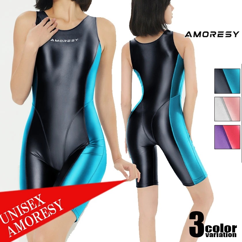 AMORESY/アモレシー ノースリーブツートンカラー水着風ボディスーツ バイカラー コスチューム ストレッチ生地 男女兼用 ユニセックス 光沢 長袖