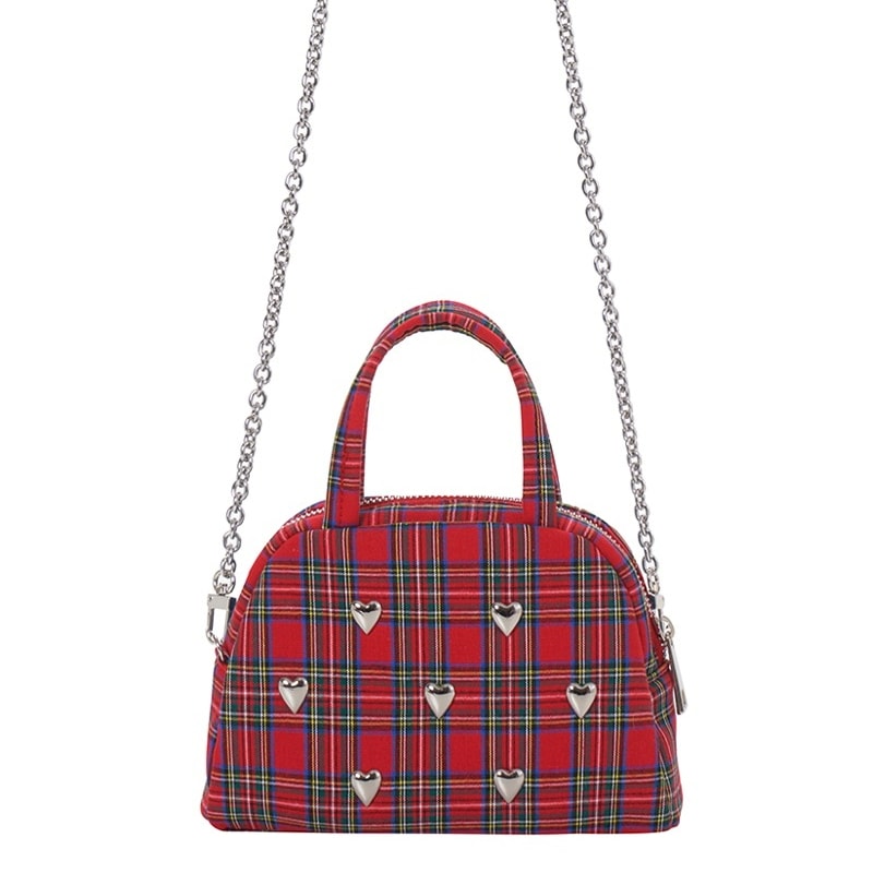 「韓国人気」Mini Silver Heart Studs Tartan Check Half Moon Bag タータンチェック ハートスタッズ ミニバッグ