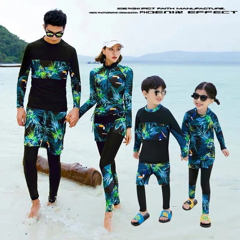 【10点セット】シュノーケリングサーフィン水着速乾性日焼け止め韓版の親子ウェットスーツ女性と男性のスプリット長袖ズボ