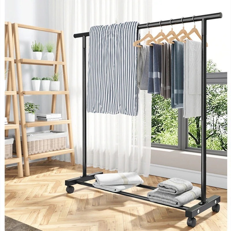 ハンガーラック パイプハンガー 衣類ラック物干しラック 床物干しロッド 屋内外の物干しロープ 組み立てが簡単な厚みのある物干しロープ プーリー衣類物干しラック付き 衣類収納 耐荷重75kg