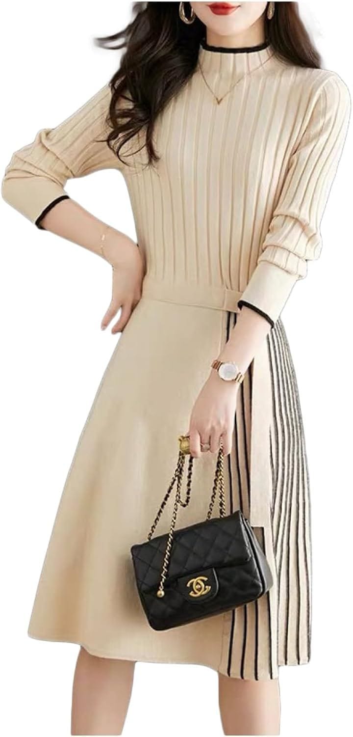 ニットワンピース 大きいサイズ レディース 冬 リブ 膝丈 秋冬 長袖 膝たけ ミディアム ひざ丈 きれいめ ベルト付きワンピース ミディアムワンピ (オフホワイト, L)