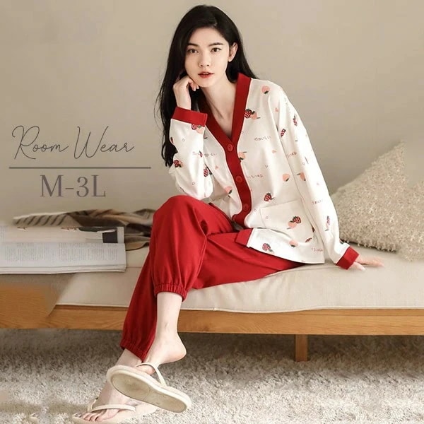 【急速出荷!】ウエア 上下セット 部屋着 イチゴ柄 春 長袖 かわいい 秋 着心地よい パジャマ オシャレ 可愛い 上下セット レディース 女性 ゆったり 寝巻き 大きいサイズ dv233ze