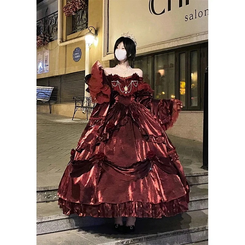 プリンセスドレス レッド ロリータ 妖精 ロングドレス エレガント ロリータ セレモニー 重工業 プリンセスドレス