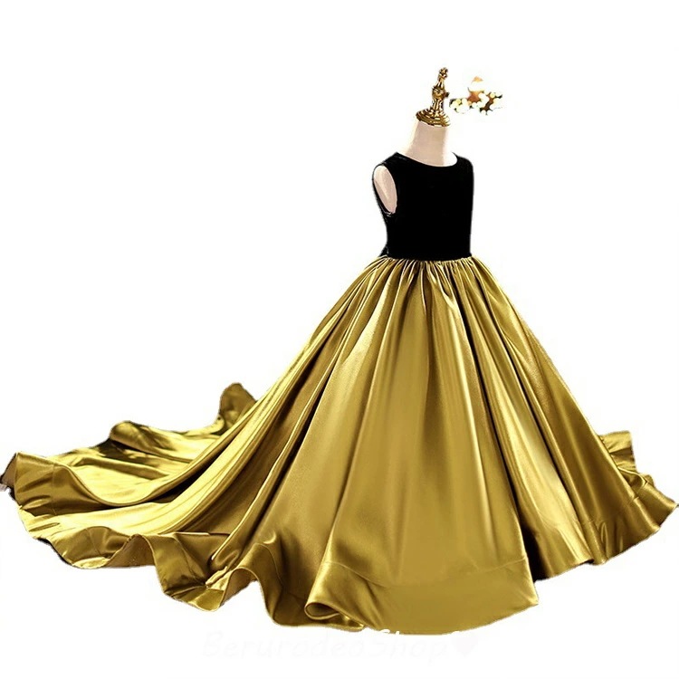 子供ドレス ピアノ発表会ドレス ベロア ベルベット サテン トレーンドレス フォーマル 女児ドレス 演奏会ドレス 黒 グリーン キッズドレス 演出服 女の子 子どもドレス ステージドレス 100-16