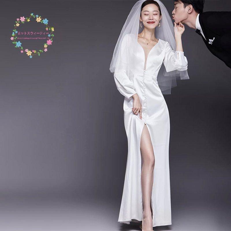 韓国ファッション発表会 結婚式 スレンダー フォーマルドレス ウェディングドレス ロング 二次会 長袖 花嫁 パーティードレス披露宴 お呼ばれ ビーチフォト後撮り 安い 演奏会