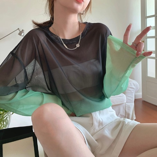 トップス Tシャツ シャツ レディース 春夏 カジュアル ゆったり 長袖 ゆったり 長袖 Uネック ラウンドネック ２重襟 ノーカラー 透け感 シースルー プルオーバー 重ね着 黒 ブラック 緑 グリ
