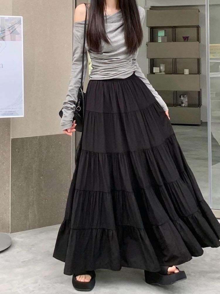 どんなスタイルも大人可愛く決まる ティアードロングスカート マキシ丈 お洒落 シンプル 大人可愛い カジュアル フェミニン Aライン 体型カバー 着映え 着回し 大きいサイズ 韓国 CH9628