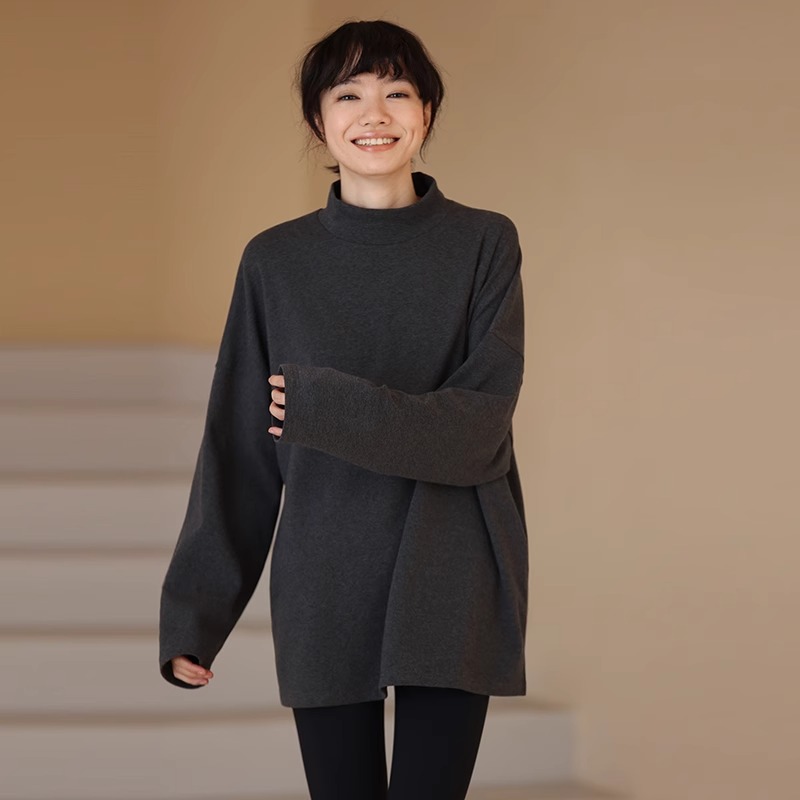 【2点購入で150OFF】【短納期】Tシャツ 長袖 レディース 汗染み防止 綿100% ゆったり 体型隠し 重ね着 ロング丈 無地 黒 大きいサイズ 重ね着 抜け感 長袖tシャツ ロンT カットソー