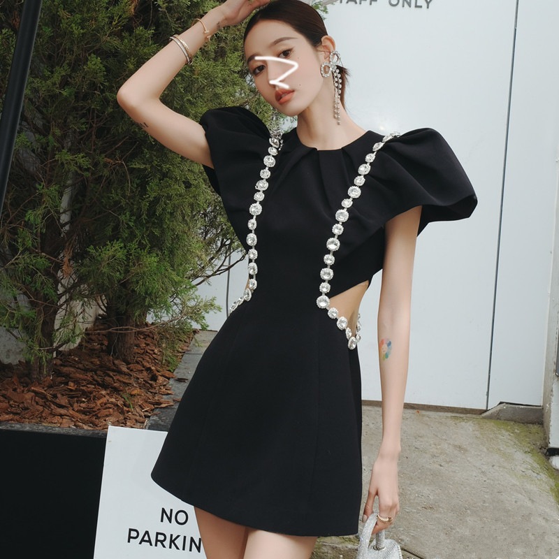 ラインストーンドレス ラインストーン ミニ ワンピース ドレス ブラック フレンチ パフスリーブ レ