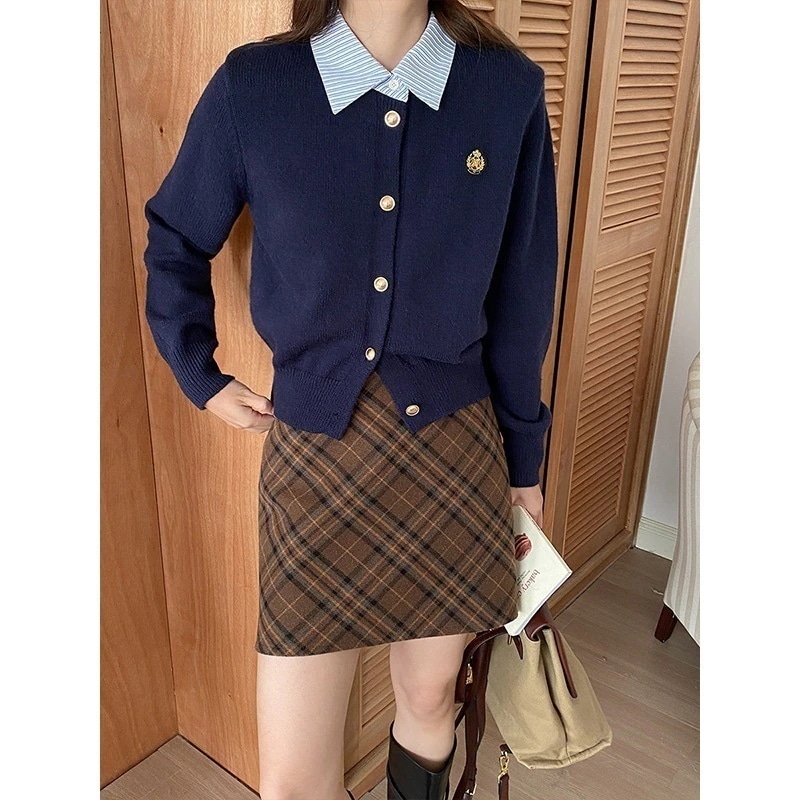 韓国カレッジ風ワッペン刺繍デザインフェイクツーピースニットカーディガン 制服 カーディガン カーディガン