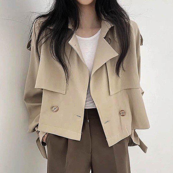 女性の秋のカジュアルダブルクロップスリムジャケットLDW JKA SSIS587 ベージュ_P375406933